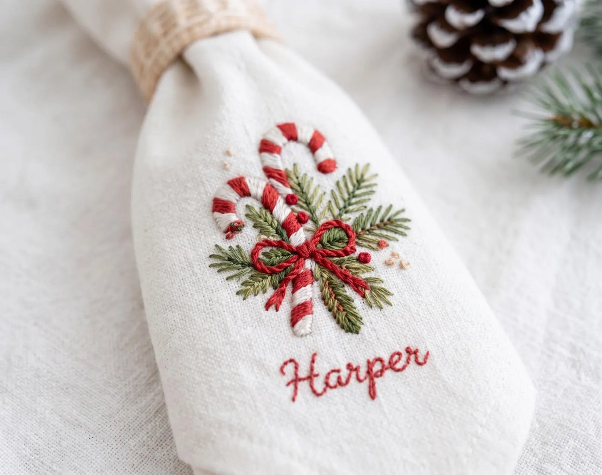 Personalized Christmas Linen Napkins Set of 6, Hand Embroidered Holiday Dinner Napkins, Custom Names, Red Green White Family Table Decor