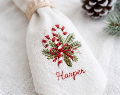 Personalized Christmas Linen Napkins Set of 6, Hand Embroidered Holiday Dinner Napkins, Custom Names, Red Green White Family Table Decor