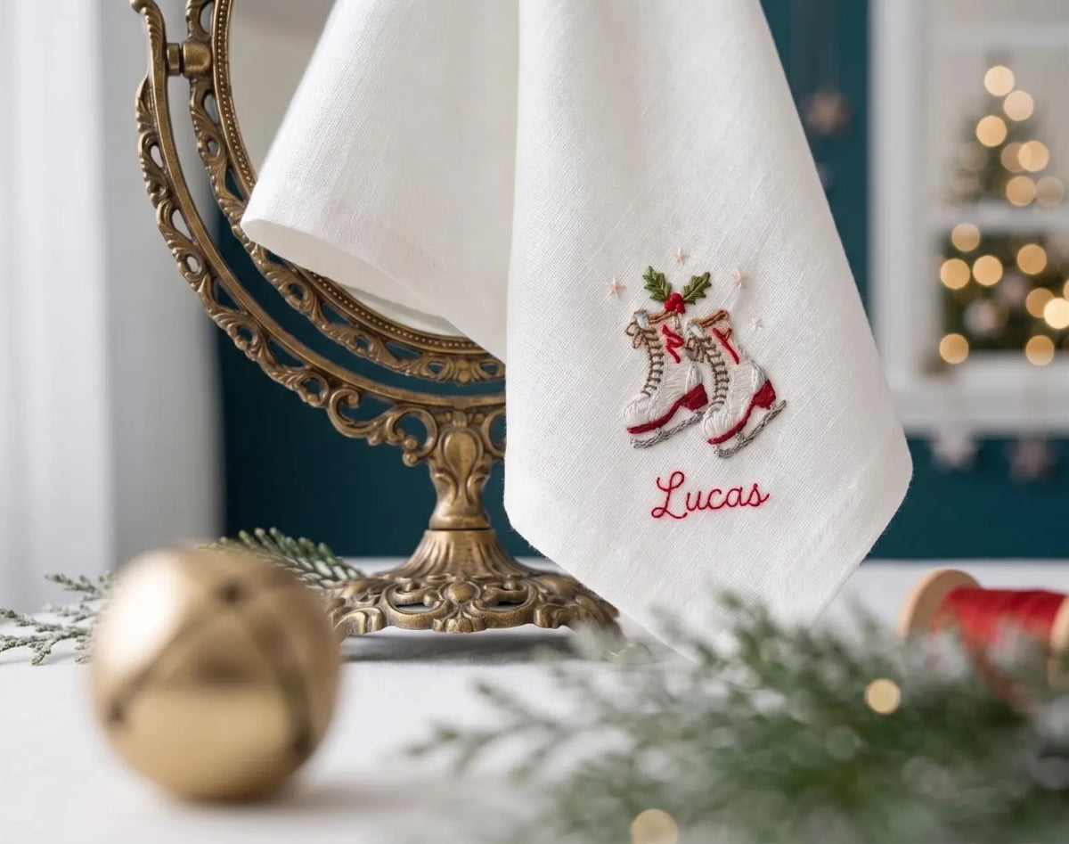 Personalized Christmas Linen Napkins Set of 6, Hand Embroidered Holiday Dinner Napkins, Custom Names, Red Green White Family Table Decor