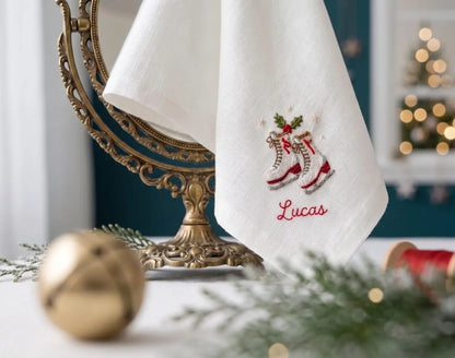 Personalized Christmas Linen Napkins Set of 6, Hand Embroidered Holiday Dinner Napkins, Custom Names, Red Green White Family Table Decor