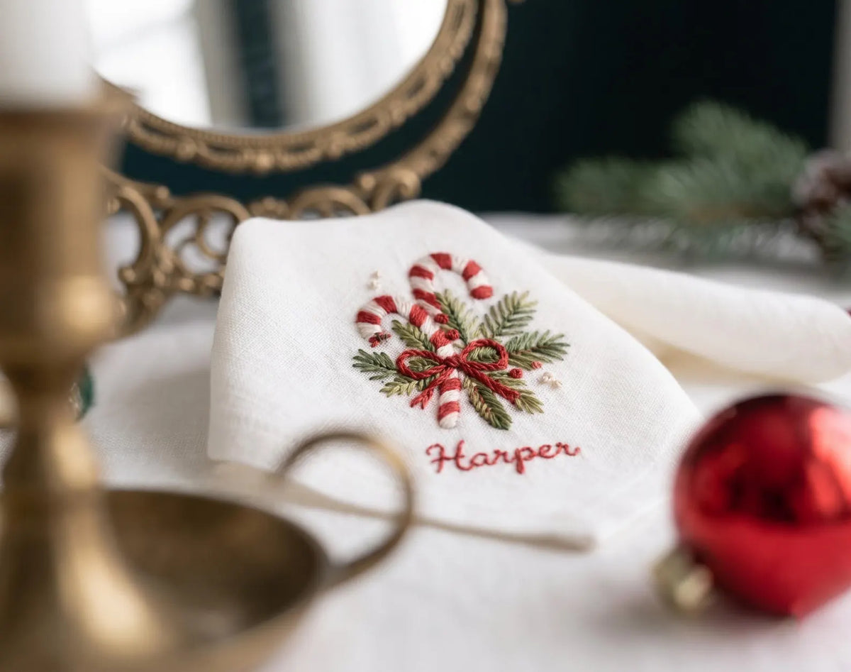 Personalized Christmas Linen Napkins Set of 6, Hand Embroidered Holiday Dinner Napkins, Custom Names, Red Green White Family Table Decor