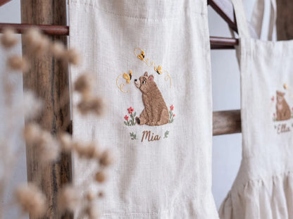 Personalized Mom & Me Aprons, Hand Embroidered Bear, Bees Wildflowers, Custom Names, Matching Mother Daughter Linen Cooking Apron Gift Set