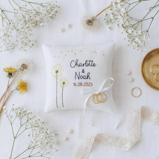 Personalized Ring Bearer Pillow, Hand Embroidered Wedding Ring Pillow, Custom Name Date, Dandelion Floral Ring Holder, Wedding Keepsake Gift
