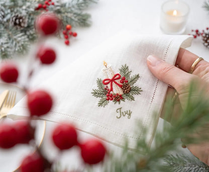 Personalized Christmas Linen Napkins Set of 4, Embroidered Gingerbread House, Bells, Candle & Ornaments, Custom Names, Christmas Table Decor