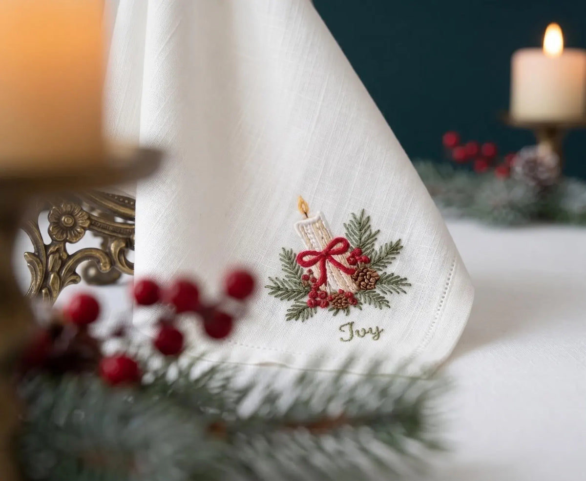 Personalized Christmas Linen Napkins Set of 4, Embroidered Gingerbread House, Bells, Candle & Ornaments, Custom Names, Christmas Table Decor