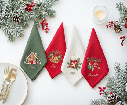 Personalized Christmas Linen Napkins Set of 4, Embroidered Gingerbread House, Bells, Candle & Ornaments, Custom Names, Christmas Table Decor