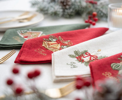 Personalized Christmas Linen Napkins Set of 4, Embroidered Gingerbread House, Bells, Candle & Ornaments, Custom Names, Christmas Table Decor