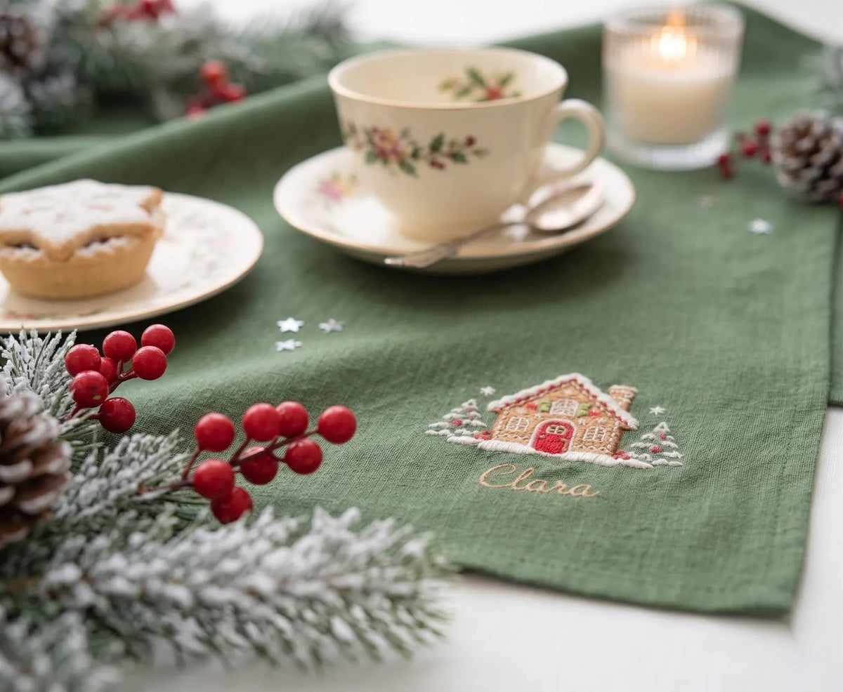 Personalized Christmas Linen Napkins Set of 4, Embroidered Gingerbread House, Bells, Candle & Ornaments, Custom Names, Christmas Table Decor