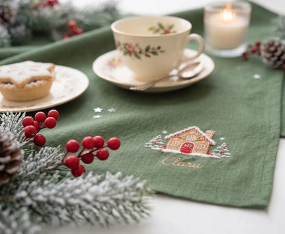 Personalized Christmas Linen Napkins Set of 4, Embroidered Gingerbread House, Bells, Candle & Ornaments, Custom Names, Christmas Table Decor
