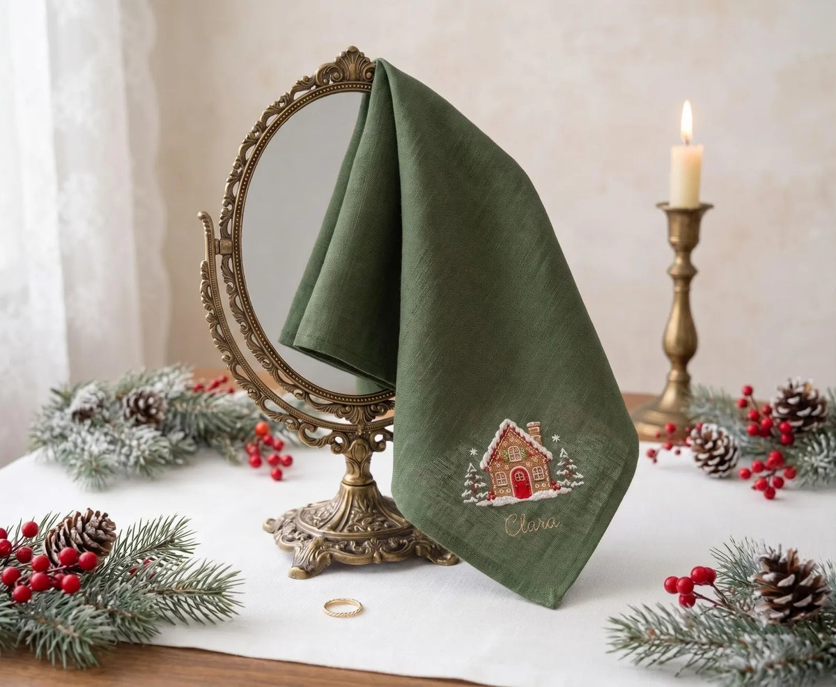 Personalized Christmas Linen Napkins Set of 4, Embroidered Gingerbread House, Bells, Candle & Ornaments, Custom Names, Christmas Table Decor