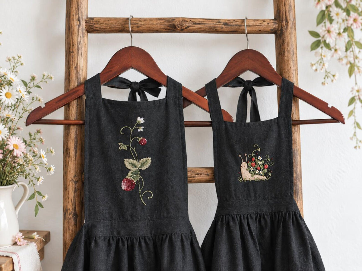 Personalized Mommy and Me Aprons, Matching Mom and Kids Black Linen Apron Set, Hand Embroidered Strawberry & Snail, Custom Name Family Gift