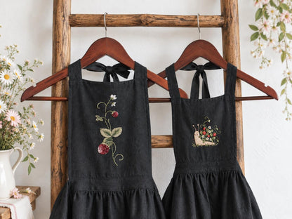 Personalized Mommy and Me Aprons, Matching Mom and Kids Black Linen Apron Set, Hand Embroidered Strawberry & Snail, Custom Name Family Gift