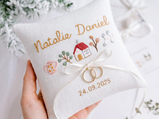 Personalized Ring Bearer Pillow, Hand Embroidered House, Plant & Home Motifs, Custom Names Date, Linen Wedding Ring Pillow Bridal Keepsake