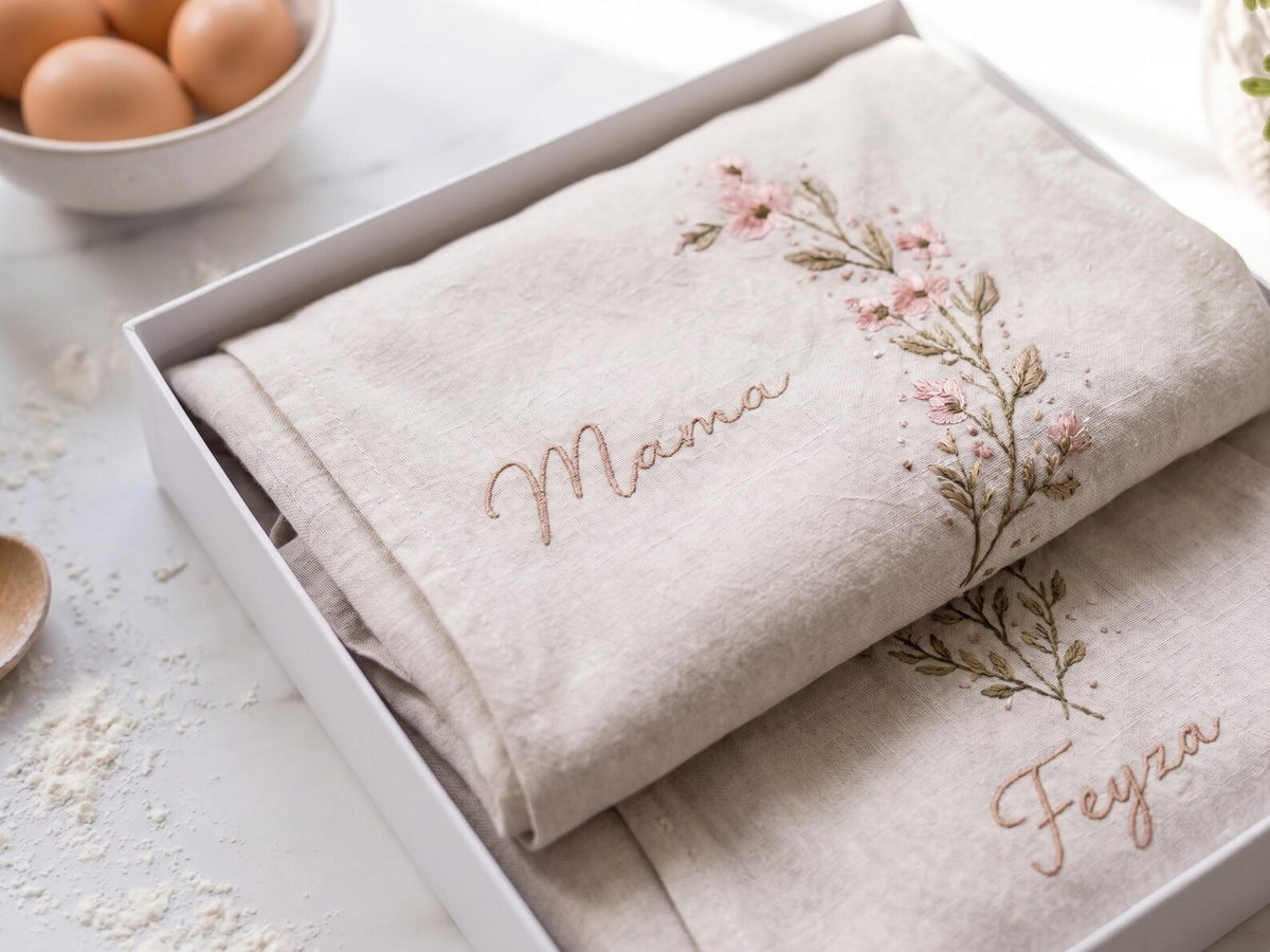 Personalized Mommy and Me Aprons, Matching Mom and Kids Linen Apron, Hand Embroidered Floral Apron, Custom Name Mother Daughter Gift
