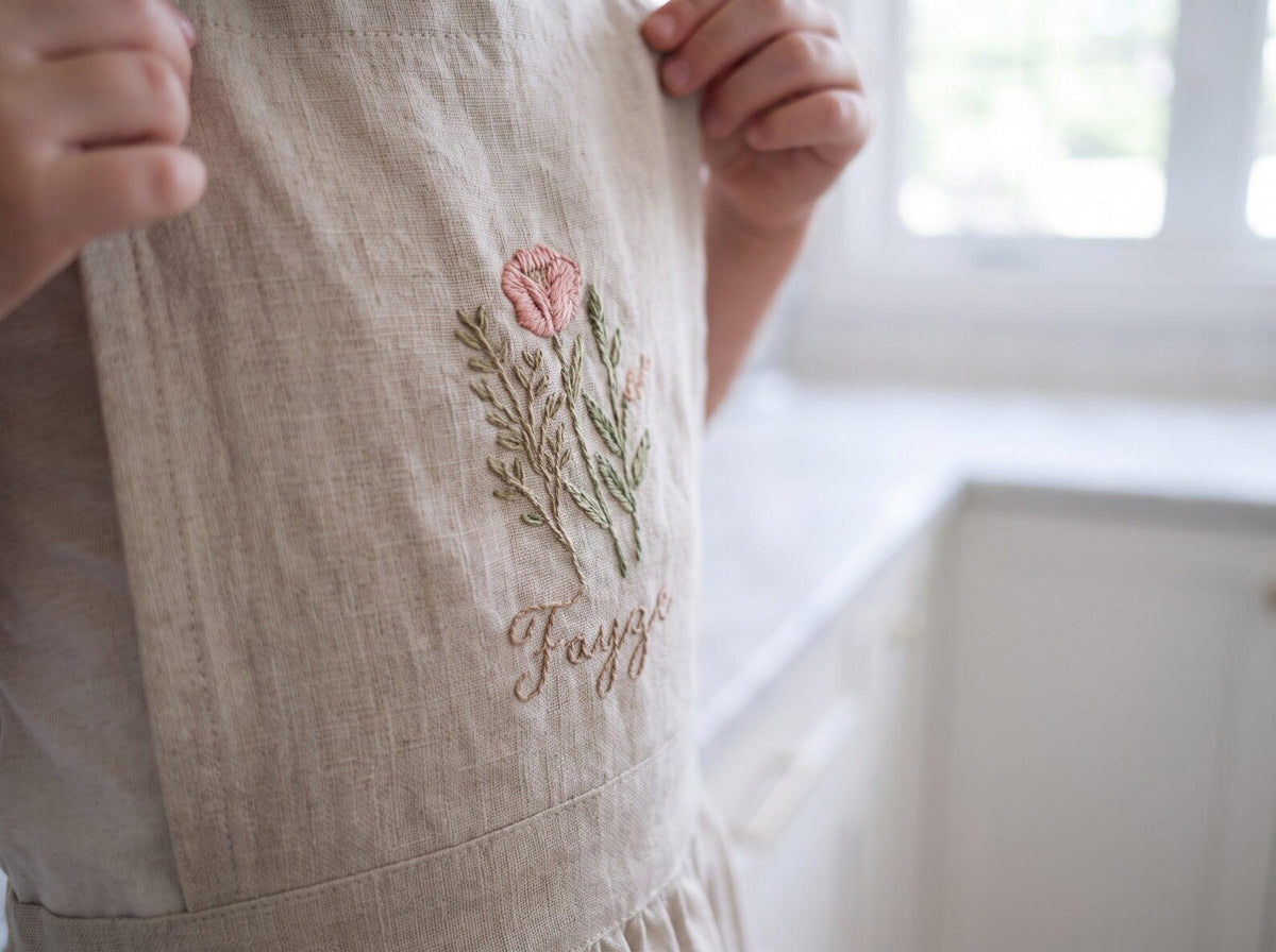 Personalized Mommy and Me Aprons, Matching Mom and Kids Linen Apron, Hand Embroidered Floral Apron, Custom Name Mother Daughter Gift