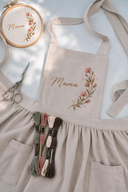 Personalized Mommy and Me Aprons, Matching Mom and Kids Linen Apron, Hand Embroidered Floral Apron, Custom Name Mother Daughter Gift