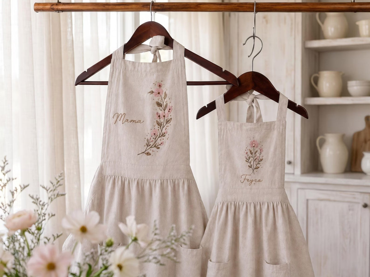 Personalized Mommy and Me Aprons, Matching Mom and Kids Linen Apron, Hand Embroidered Floral Apron, Custom Name Mother Daughter Gift