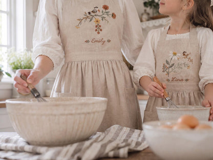 Personalized Mommy and Me Aprons, Matching Mom and Kids Linen Apron, Hand Embroidered Floral Apron, Custom Name Mother Daughter Gift