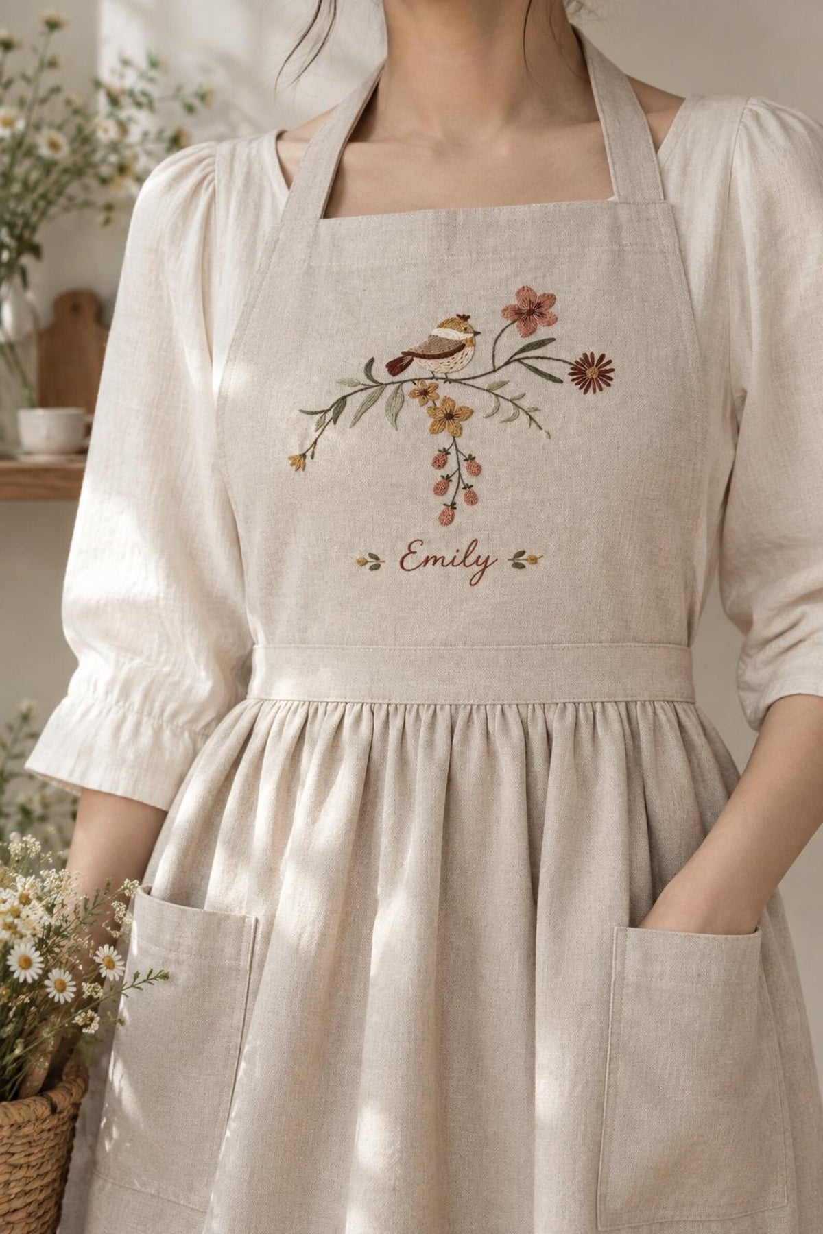 Personalized Mommy and Me Aprons, Matching Mom and Kids Linen Apron, Hand Embroidered Floral Apron, Custom Name Mother Daughter Gift
