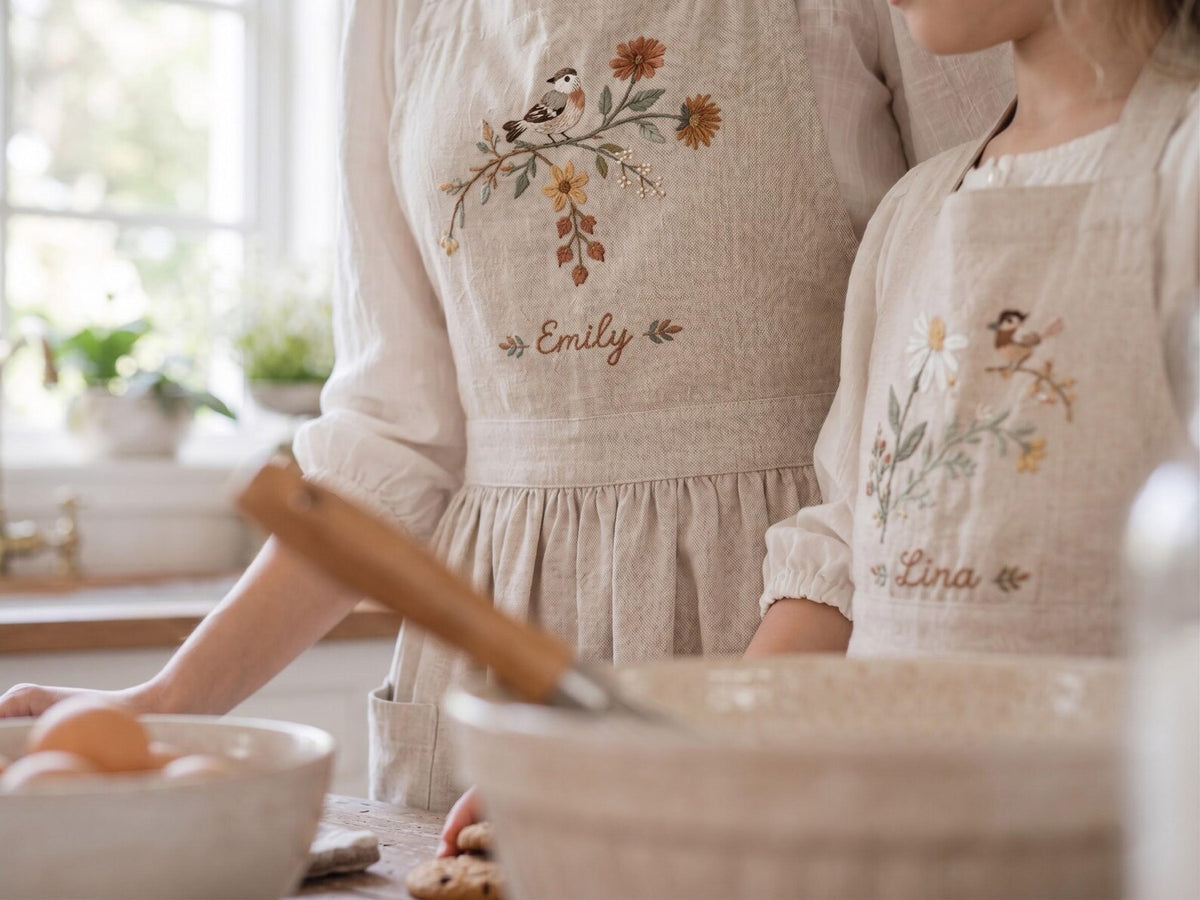 Personalized Mommy and Me Aprons, Matching Mom and Kids Linen Apron, Hand Embroidered Floral Apron, Custom Name Mother Daughter Gift