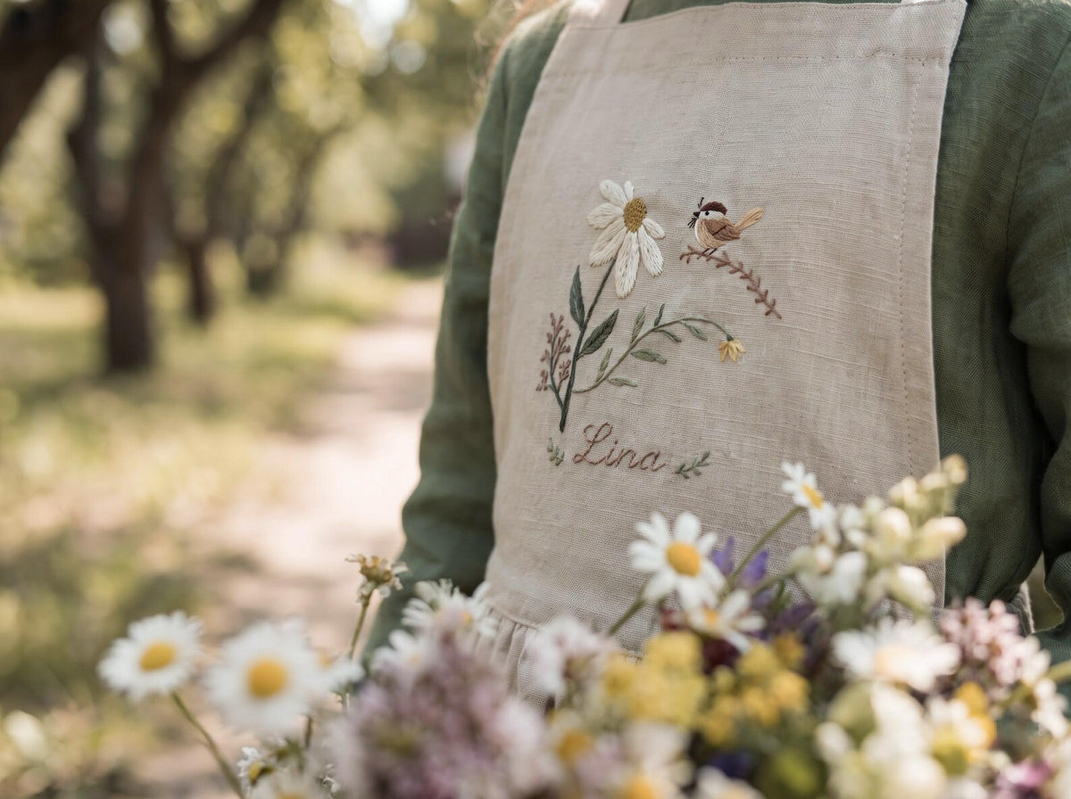 Personalized Mommy and Me Aprons, Matching Mom and Kids Linen Apron, Hand Embroidered Floral Apron, Custom Name Mother Daughter Gift