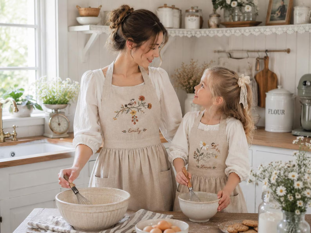Personalized Mommy and Me Aprons, Matching Mom and Kids Linen Apron, Hand Embroidered Floral Apron, Custom Name Mother Daughter Gift