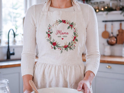Personalized Mommy and Me Aprons, Matching Mom and Kids Linen Apron, Hand Embroidered Floral Apron, Custom Name Mother Daughter Gift
