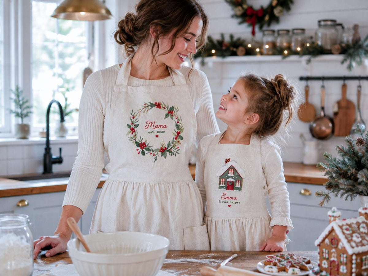 Personalized Mommy and Me Aprons, Matching Mom and Kids Linen Apron, Hand Embroidered Floral Apron, Custom Name Mother Daughter Gift
