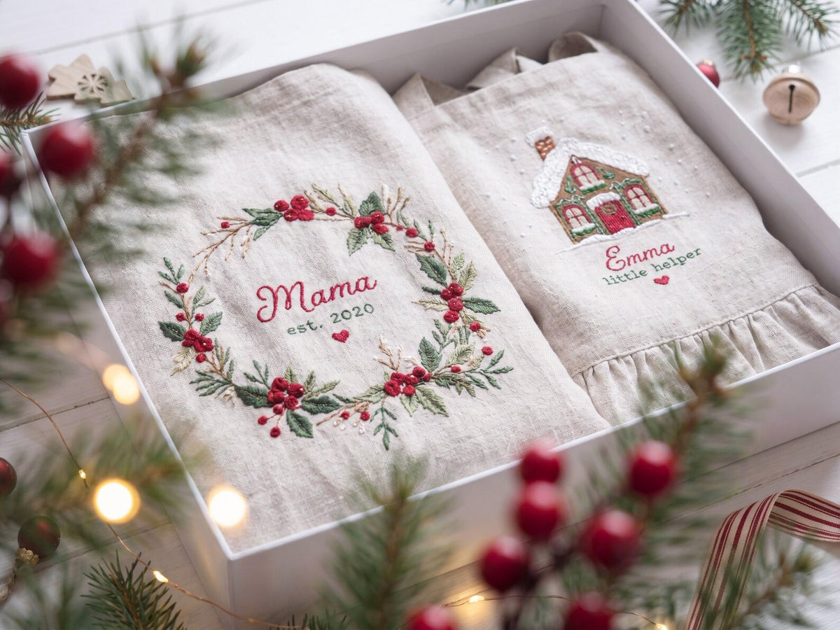 Personalized Mommy and Me Aprons, Matching Mom and Kids Linen Apron, Hand Embroidered Floral Apron, Custom Name Mother Daughter Gift
