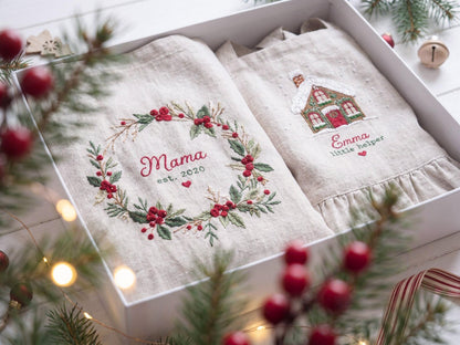 Personalized Mommy and Me Aprons, Matching Mom and Kids Linen Apron, Hand Embroidered Floral Apron, Custom Name Mother Daughter Gift