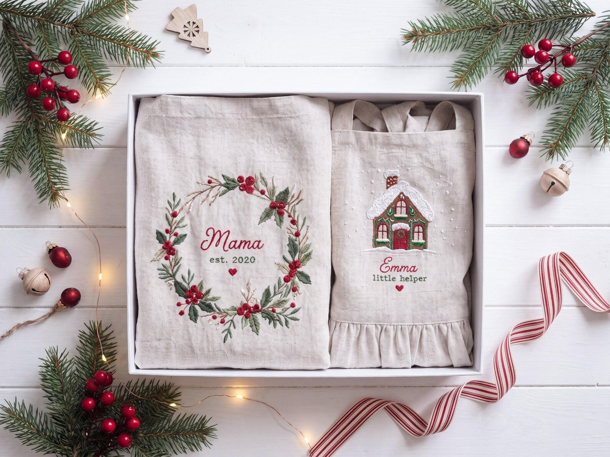 Personalized Mommy and Me Aprons, Matching Mom and Kids Linen Apron, Hand Embroidered Floral Apron, Custom Name Mother Daughter Gift
