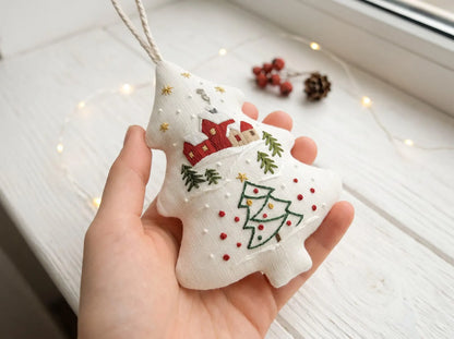 Hand Embroidered Christmas Tree Ornament, Linen Winter Village Ornament, Rustic Red House Holiday Decor, Handmade Keepsake Gift