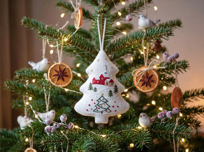 Hand Embroidered Christmas Tree Ornament, Linen Winter Village Ornament, Rustic Red House Holiday Decor, Handmade Keepsake Gift