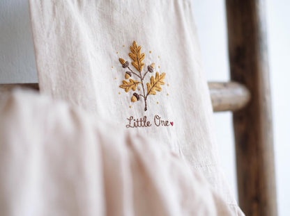 Personalized Mommy and Me Aprons, Matching Linen Apron Set, Hand Embroidered Mushroom & Autumn Leaves, Custom Name Mother Child Gift