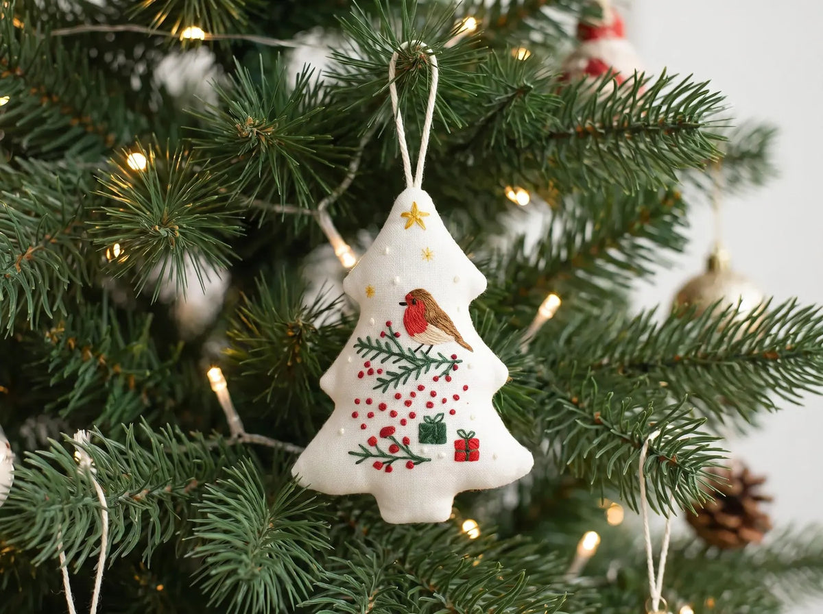 Hand Embroidered Robin Bird Christmas Ornament, Stuffed Linen Tree Ornament, Woodland Holiday Decor, Handmade Christmas Gift