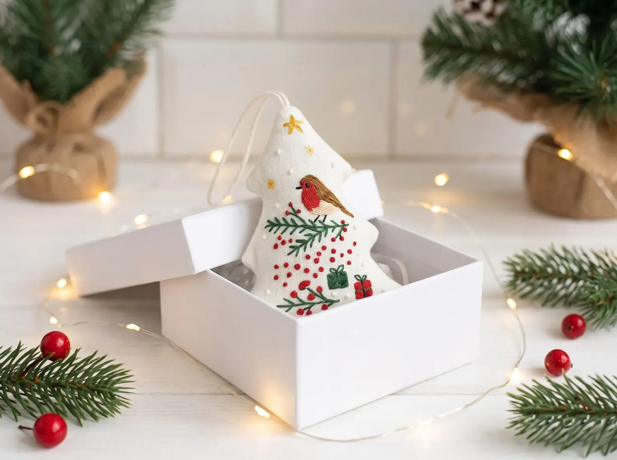 Hand Embroidered Robin Bird Christmas Ornament, Stuffed Linen Tree Ornament, Woodland Holiday Decor, Handmade Christmas Gift