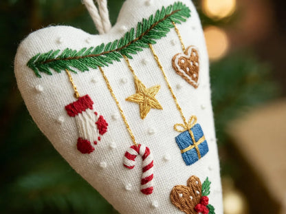 Hand Embroidered Christmas Heart Ornament, Stocking Candy Cane Star Gift & Gingerbread, Stuffed Linen Tree Decor, Handmade Holiday Keepsake