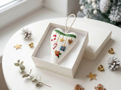 Hand Embroidered Christmas Heart Ornament, Stocking Candy Cane Star Gift & Gingerbread, Stuffed Linen Tree Decor, Handmade Holiday Keepsake