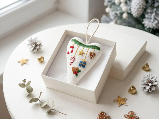 Hand Embroidered Christmas Heart Ornament, Stocking Candy Cane Star Gift & Gingerbread, Stuffed Linen Tree Decor, Handmade Holiday Keepsake