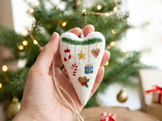 Hand Embroidered Christmas Heart Ornament, Stocking Candy Cane Star Gift & Gingerbread, Stuffed Linen Tree Decor, Handmade Holiday Keepsake