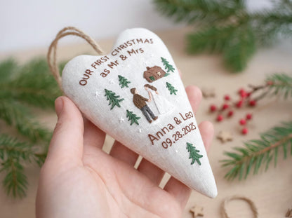 Personalized First Christmas as Mr & Mrs Ornament, Hand Embroidered Couple Heart, Custom Names Date, Newlywed Christmas Keepsake Gift 2026
