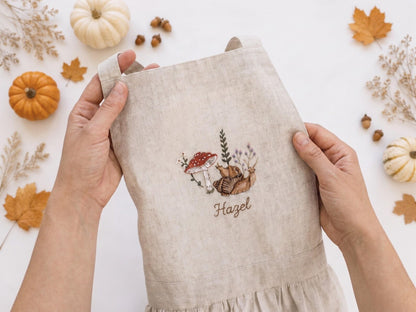 Personalized Sibling Aprons, Matching Kids Linen Apron Set, Hand Embroidered Squirrel & Mushroom Woodland, Custom Name Sister Gift