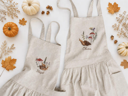 Personalized Sibling Aprons, Matching Kids Linen Apron Set, Hand Embroidered Squirrel & Mushroom Woodland, Custom Name Sister Gift