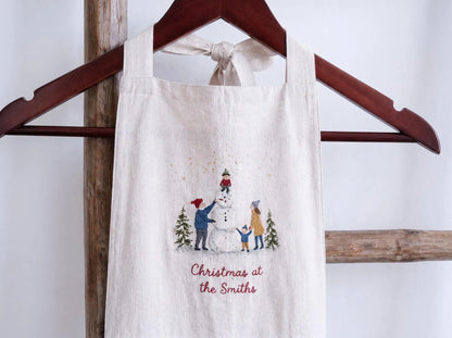 Personalized Christmas Mommy and Me Aprons, Matching Mom and Kids Linen Apron Set, Hand Embroidered Snowman, Custom Name Family Holiday Gift