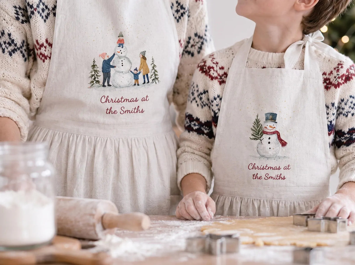 Personalized Christmas Mommy and Me Aprons, Matching Mom and Kids Linen Apron Set, Hand Embroidered Snowman, Custom Name Family Holiday Gift
