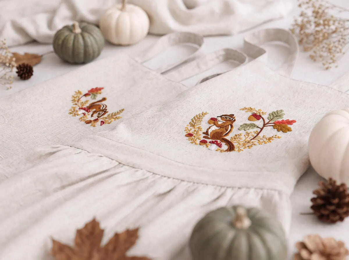 Personalized Sibling Aprons, Matching Kids Linen Apron Set, Hand Embroidered Squirrel & Acorn Woodland Set for Kids Custom Name Sister Gift