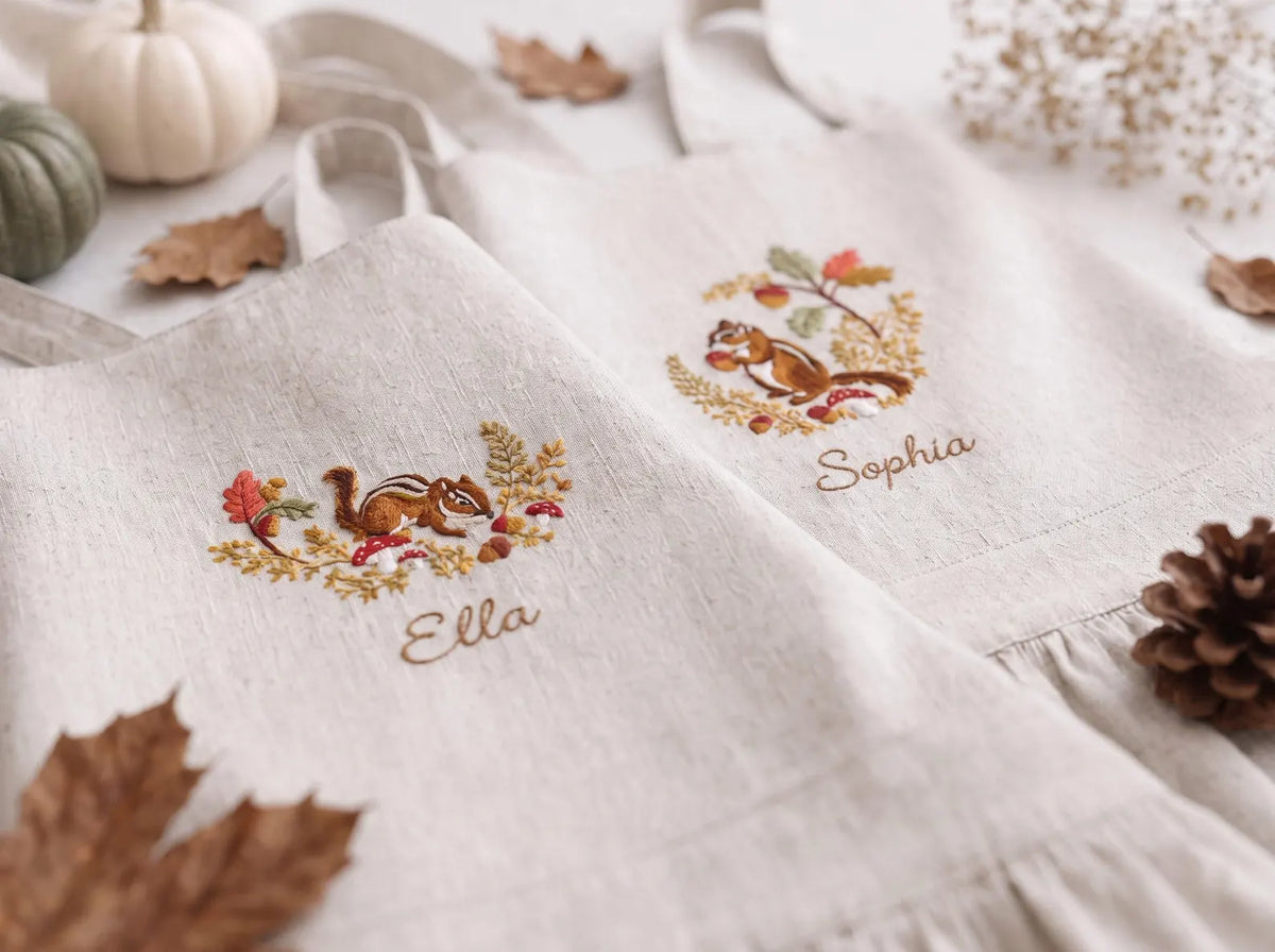 Personalized Sibling Aprons, Matching Kids Linen Apron Set, Hand Embroidered Squirrel & Acorn Woodland Set for Kids Custom Name Sister Gift