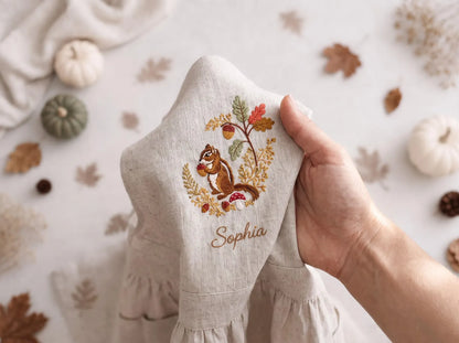 Personalized Sibling Aprons, Matching Kids Linen Apron Set, Hand Embroidered Squirrel & Acorn Woodland Set for Kids Custom Name Sister Gift