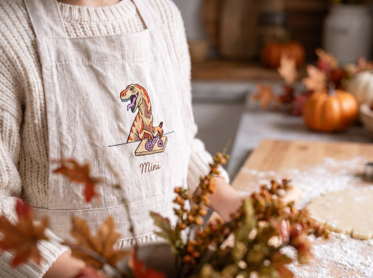 Personalized Matching Aprons, Mommy and Me Linen Apron Set, Hand Embroidered Dinosaur Design, Custom Name Mother Child Gift, Family Keepsake