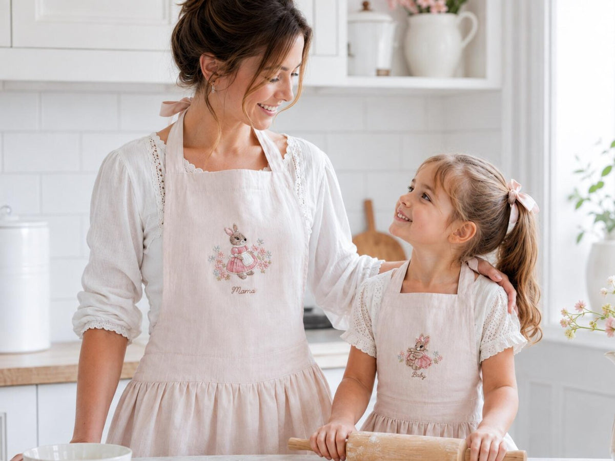Personalized Mommy and Me Aprons, Matching Mom and Kids Linen Apron Set, Hand Embroidered Bunny Rabbit, Custom Name Mother Daughter Keepsake